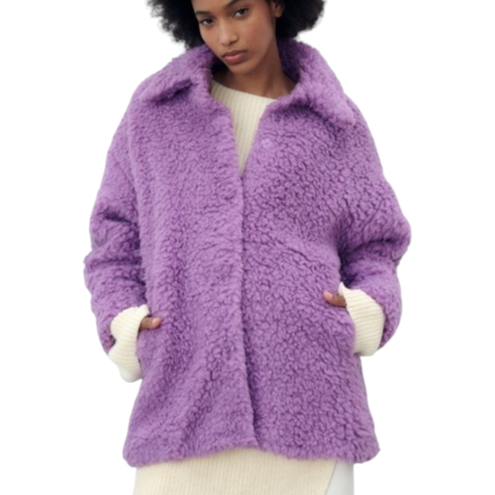 Zara Faux Sherpa Teddy Snap-Front Jacket  Lavender Purple cozy Sz M